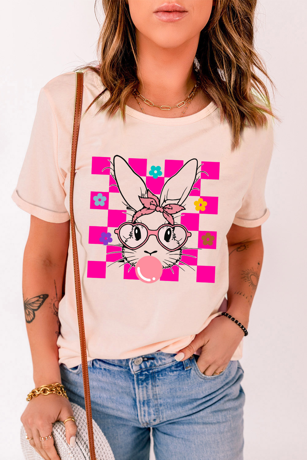 Women's Floral Plaid Bunny Shirt, Soft Daily Casual Tee - Detail View 9 Women's Floral Plaid Bunny Shirt, Soft Daily Casual Tee - Detail View 9