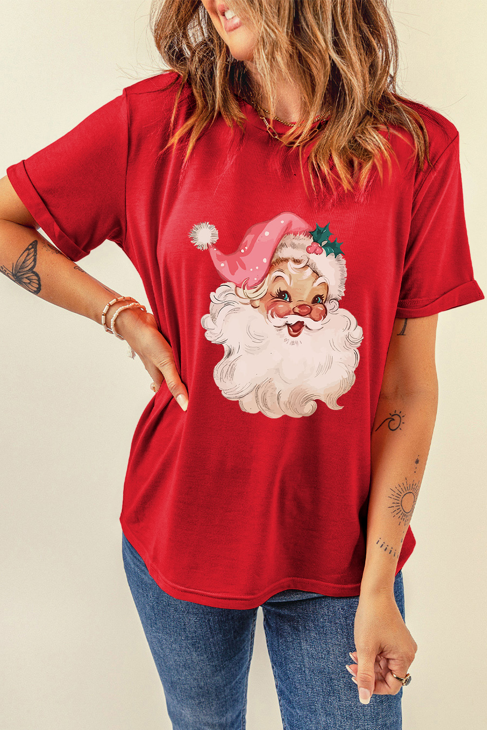 Women's Red Christmas Santa Claus Print Crew Neck T-Shirt - Detail View 6 Women's Red Christmas Santa Claus Print Crew Neck T-Shirt - Detail View 6