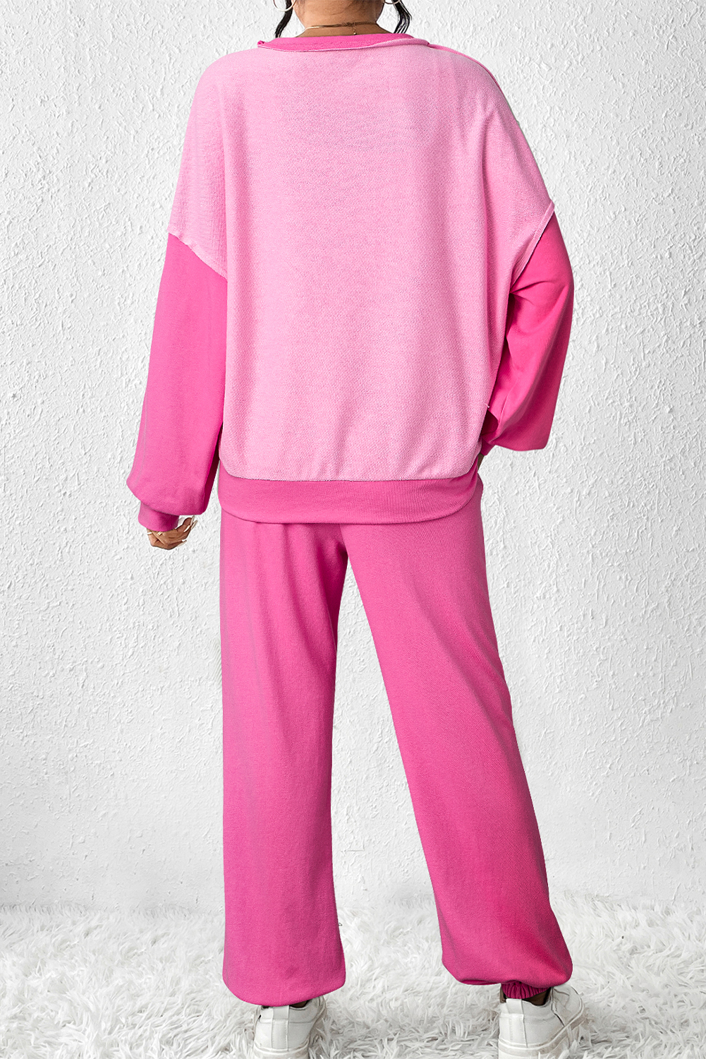 Stylish Two-Piece Pant Set: Colorblock Pullover and High-Waisted Joggers - Detail View 2 Stylish Two-Piece Pant Set: Colorblock Pullover and High-Waisted Joggers - Detail View 2