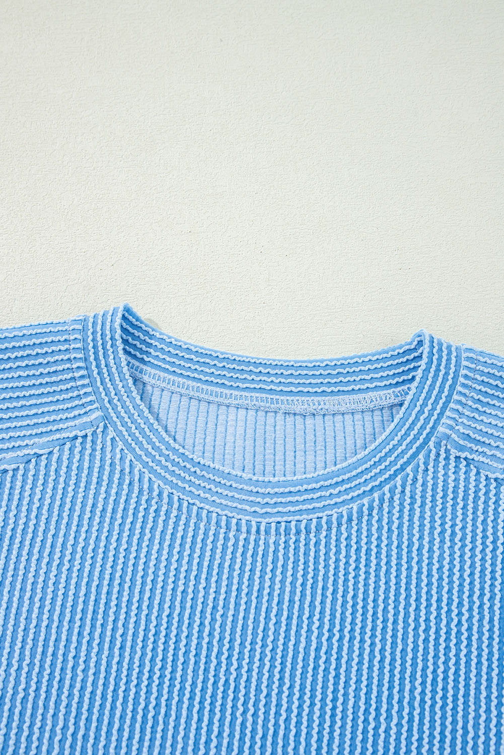 Women's Blue Solid Corded Knit Short Sleeve T-Shirt and Wide Leg Pants Set - Detail View 9 Women's Blue Solid Corded Knit Short Sleeve T-Shirt and Wide Leg Pants Set - Detail View 9