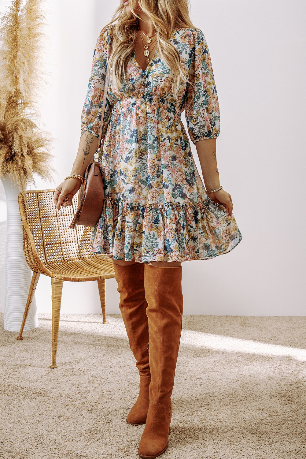 Women's Sky Blue Floral 3/4 Sleeve V Neck High Waist Ruffled Dress - Detail View 6 Women's Sky Blue Floral 3/4 Sleeve V Neck High Waist Ruffled Dress - Detail View 6