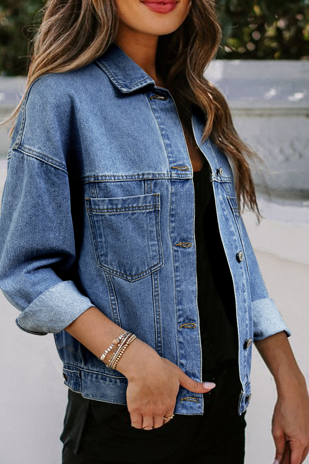 Classic Long Sleeve Denim Jacket: Light Blue Washed, Oversized Fit - Detail View 7 Classic Long Sleeve Denim Jacket: Light Blue Washed, Oversized Fit - Detail View 7