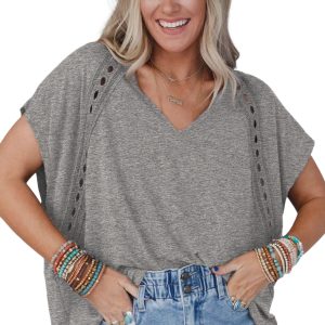 Women's Gray Oversized Tee with Crochet Lace Detailing - Main View