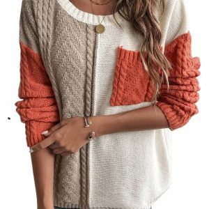Women's Gold Flame Colorblock Patched Pocket Drop Shoulder Sweater - Main View