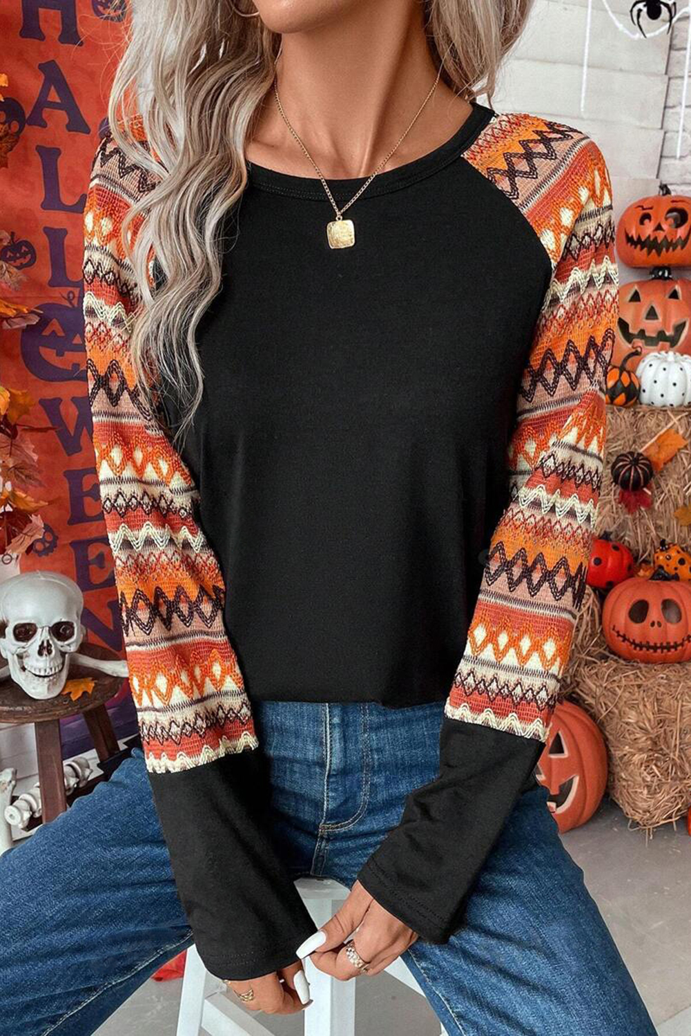 Women's Orange Geo Print Raglan Patchwork Long Sleeve Tee - Detail View 6 Women's Orange Geo Print Raglan Patchwork Long Sleeve Tee - Detail View 6