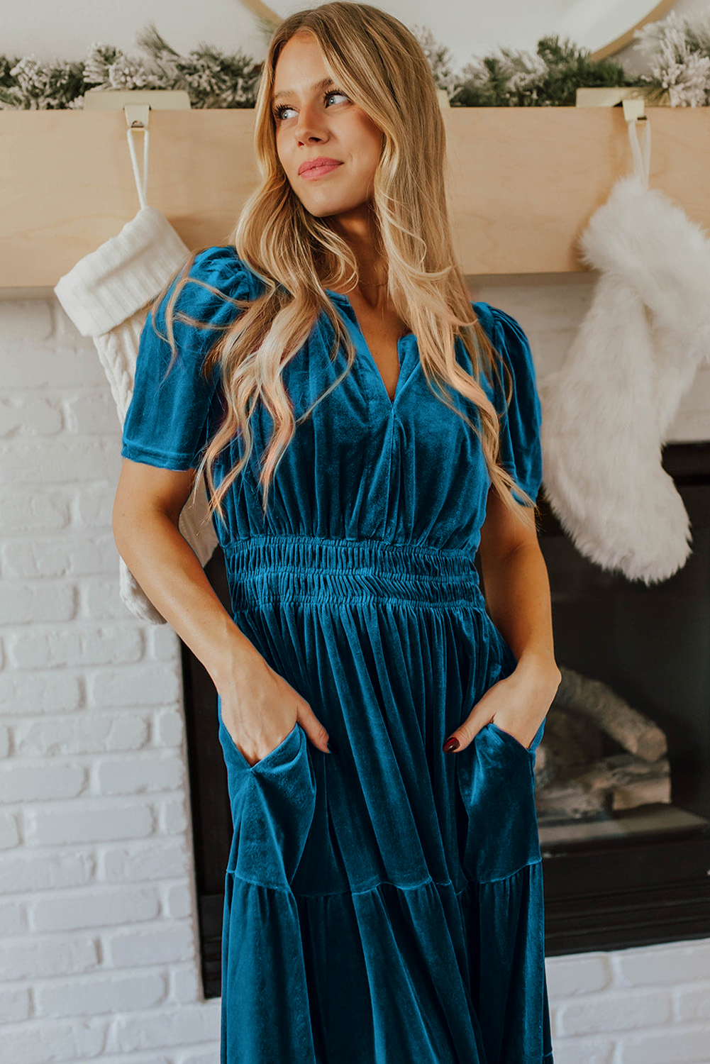 Chic Prussian Blue Velvet Maxi Dress with Short Sleeves and V Neck - Perfect for Weddings - Detail View 6 Chic Prussian Blue Velvet Maxi Dress with Short Sleeves and V Neck - Perfect for Weddings - Detail View 6