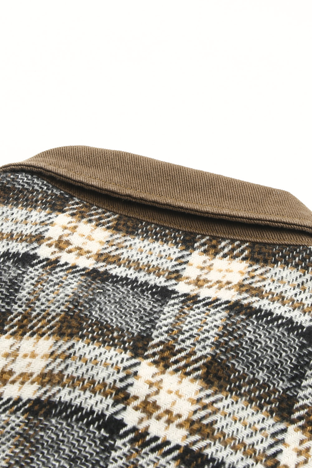 Stylish Plaid Patchwork Jacket, Casual Women's Denim Shacket - Detail View 11 Stylish Plaid Patchwork Jacket, Casual Women's Denim Shacket - Detail View 11
