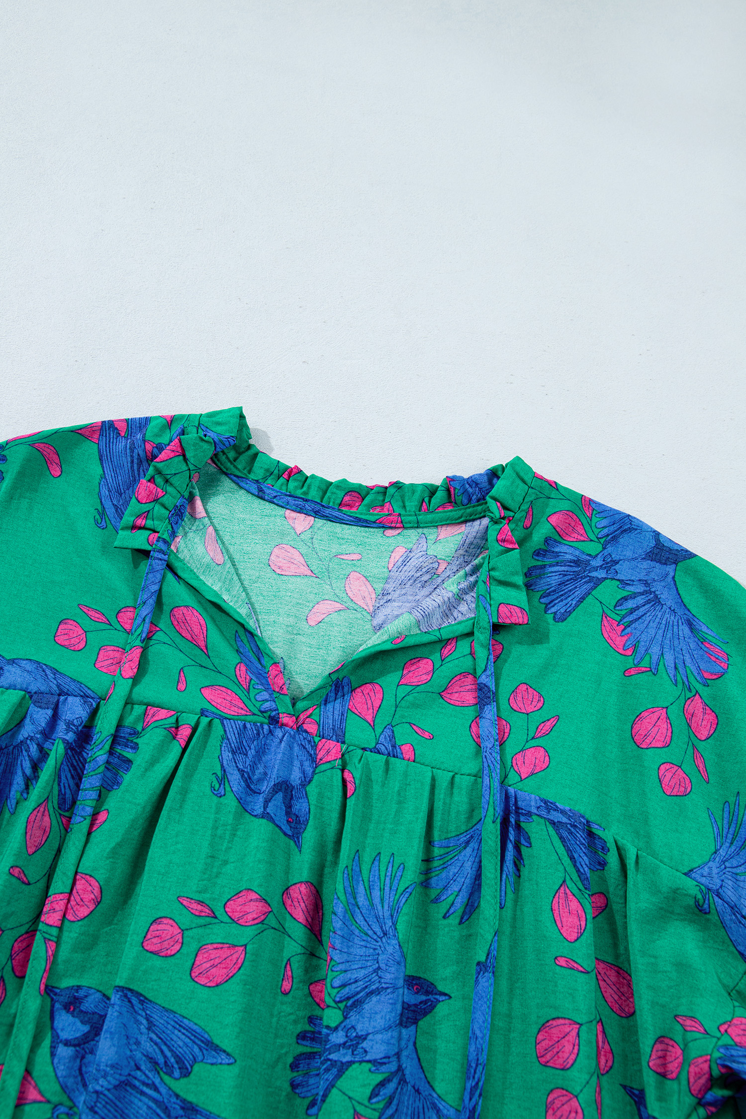 Women's Green V Neck Blouse, Casual Daily Spring Top - Detail View 7 Women's Green V Neck Blouse, Casual Daily Spring Top - Detail View 7