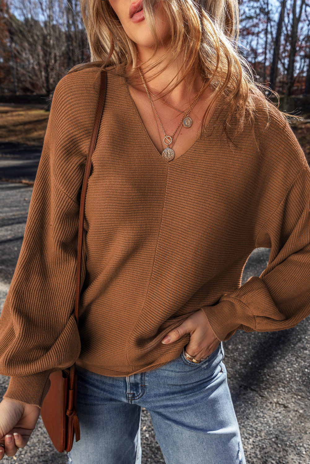 Casual Fall Sweater: Stylish Drop Sleeves and Flattering V Neck Design - Detail View 2 Casual Fall Sweater: Stylish Drop Sleeves and Flattering V Neck Design - Detail View 2
