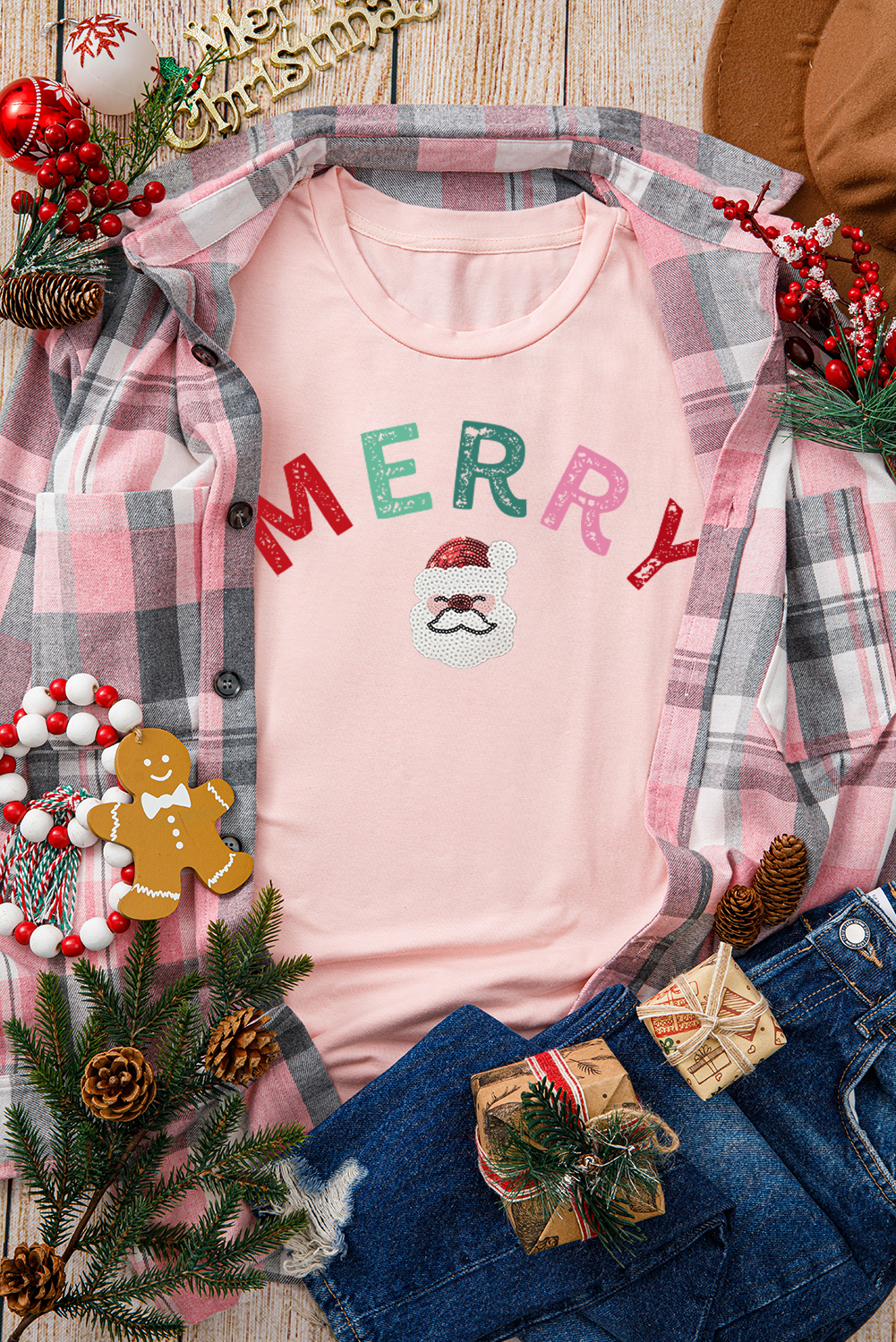 Chic Short Sleeve Holiday Graphic T-Shirt - MERRY Santa Claus for Christmas - Detail View 3 Chic Short Sleeve Holiday Graphic T-Shirt - MERRY Santa Claus for Christmas - Detail View 3