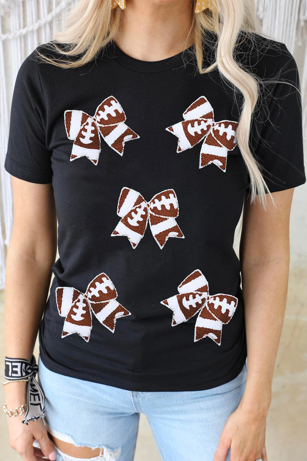 Comfy and Stylish Game Day Shirt: Black Rugby Football Tee with Bowknot - Detail View 3 Comfy and Stylish Game Day Shirt: Black Rugby Football Tee with Bowknot - Detail View 3