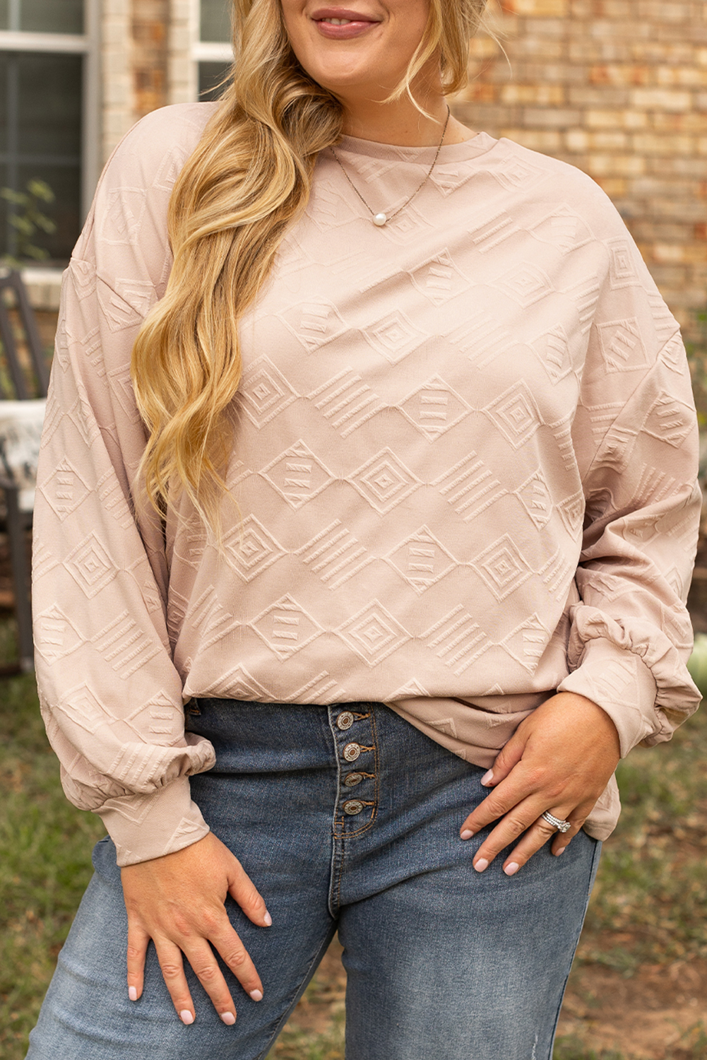 Women's Plus Size Parchment Textured Drop Shoulder Crew Neck Sweatshirt - Detail View 9 Women's Plus Size Parchment Textured Drop Shoulder Crew Neck Sweatshirt - Detail View 9