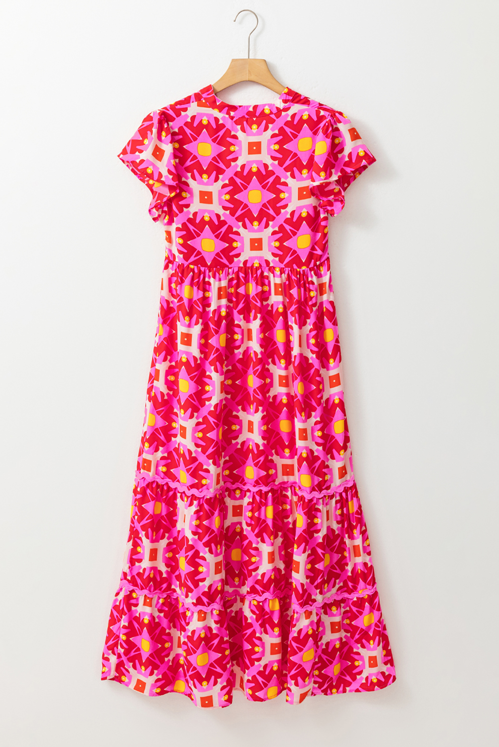 Women's Strawberry Pink Geo Print V-Neck Maxi Dress - Detail View 6 Women's Strawberry Pink Geo Print V-Neck Maxi Dress - Detail View 6