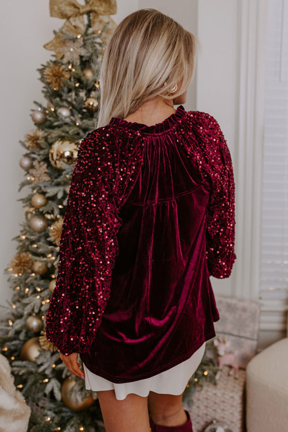 Elegant Red Velvet Blouse with Long Sequin Sleeves and Ruffled V Neck - Detail View 2 Elegant Red Velvet Blouse with Long Sequin Sleeves and Ruffled V Neck - Detail View 2