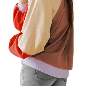 Women's Orange Color Block Side Slits Raglan Sleeve Long Sleeve Top - Main View