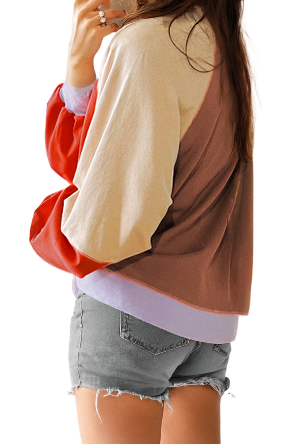 Women's Orange Color Block Side Slits Raglan Sleeve Long Sleeve Top - Main View Women's Orange Color Block Side Slits Raglan Sleeve Long Sleeve Top - Main View