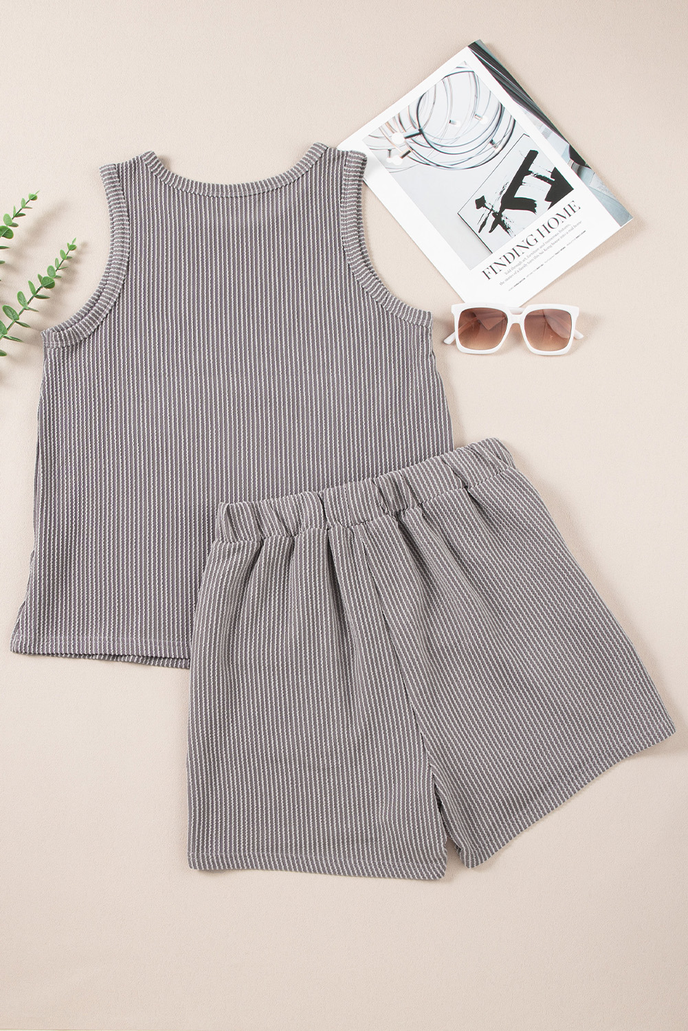 Grey Ribbed Short Set, Versatile Sleeveless Casual Summer Top - Detail View 9 Grey Ribbed Short Set, Versatile Sleeveless Casual Summer Top - Detail View 9