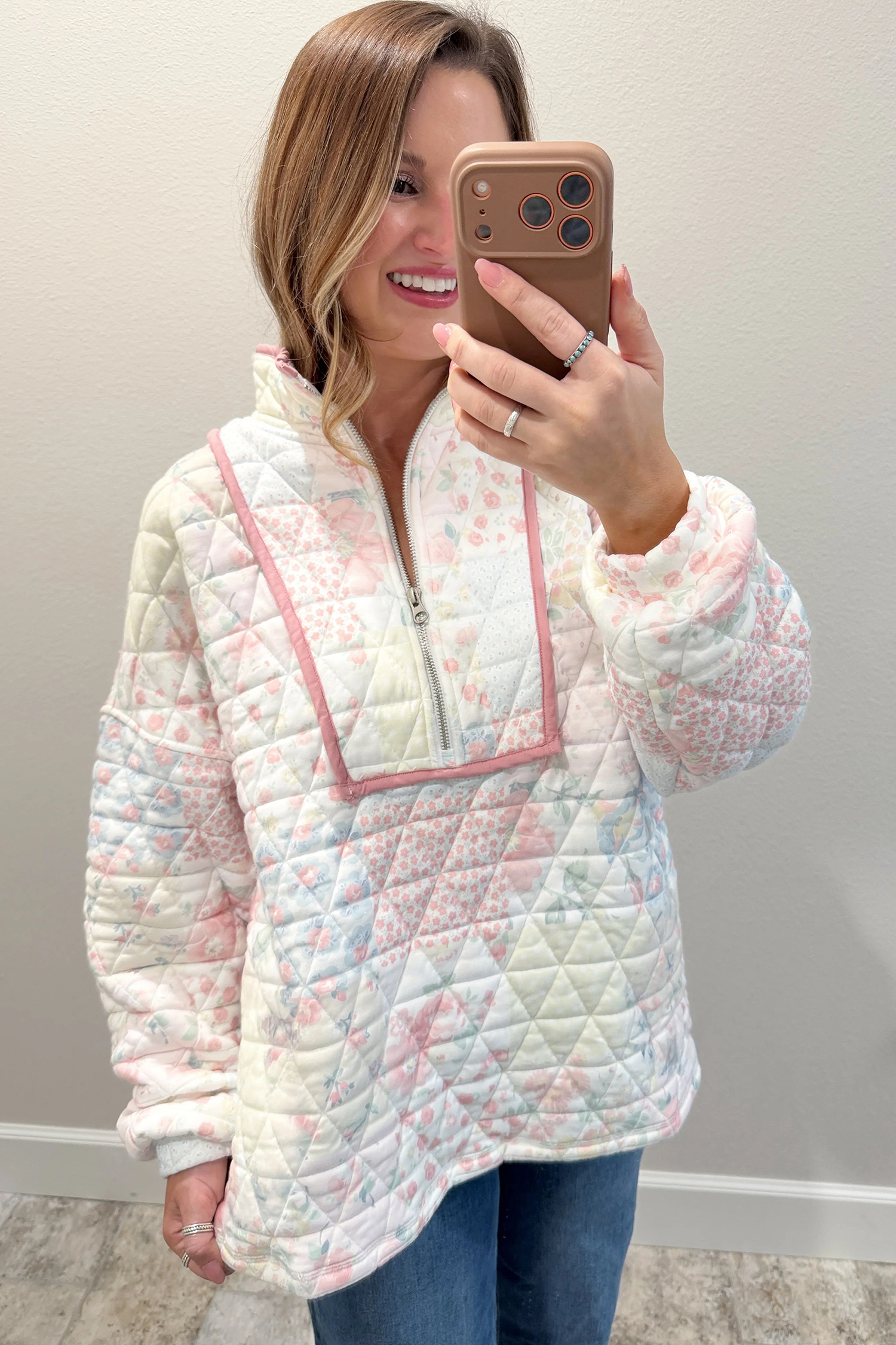 Quilted Floral Long Sleeve Top, Cozy Multicolour Shift Layer - Detail View 8 Quilted Floral Long Sleeve Top, Cozy Multicolour Shift Layer - Detail View 8