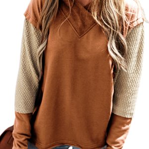 Women's Chestnut Colorblock Hoodie, Casual Long Sleeve Top - Main View