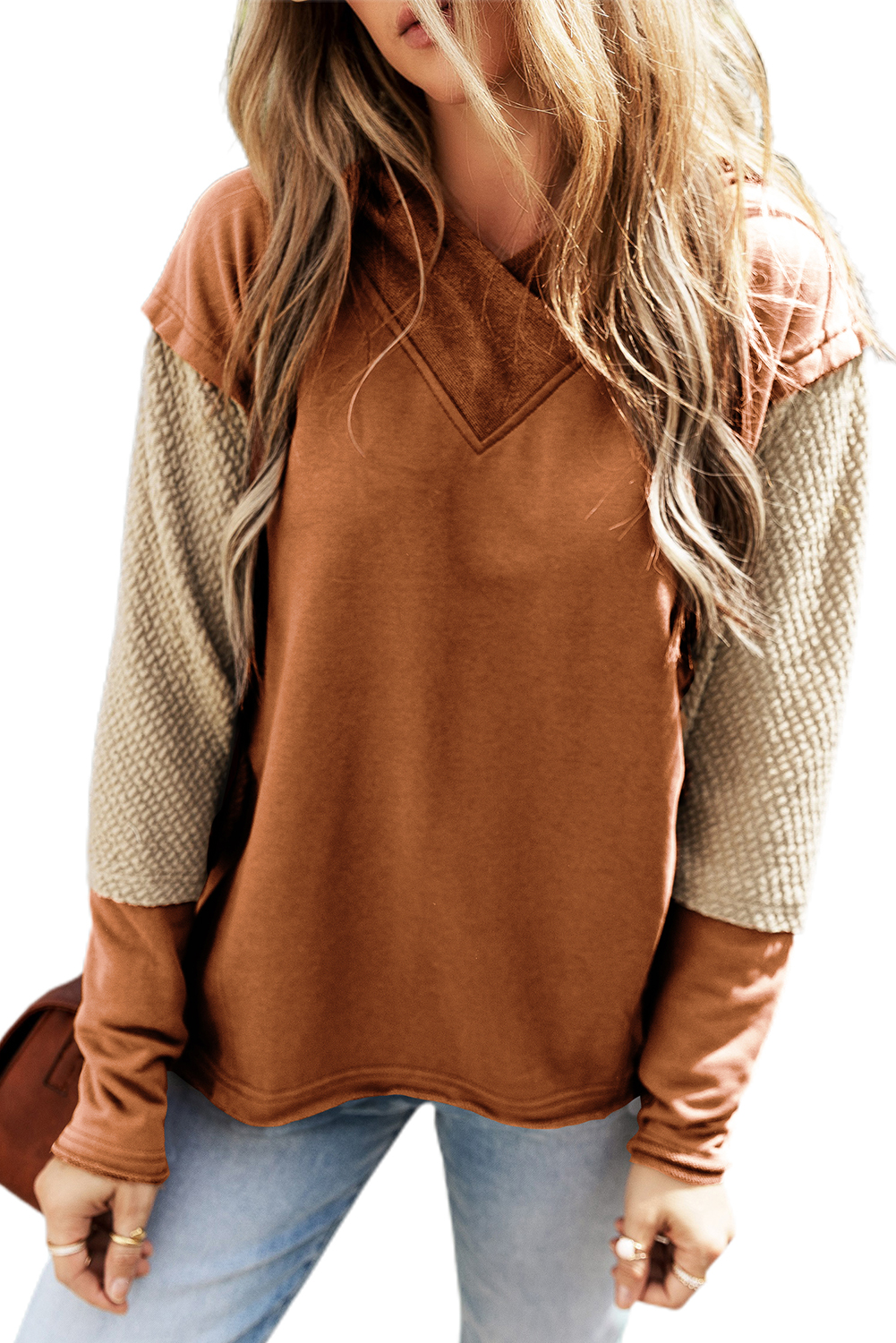 Women's Chestnut Colorblock Hoodie, Casual Long Sleeve Top - Main View Women's Chestnut Colorblock Hoodie, Casual Long Sleeve Top - Main View