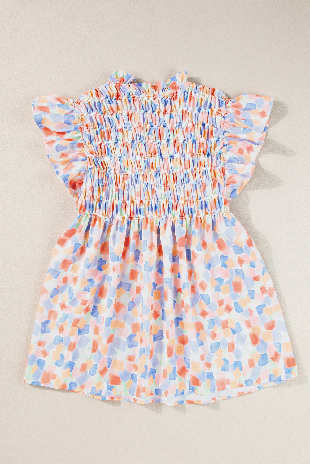 Women's Pink Abstract Printed Blouse with Shirred Yoke and Ruffled Sleeves - Detail View 6 Women's Pink Abstract Printed Blouse with Shirred Yoke and Ruffled Sleeves - Detail View 6