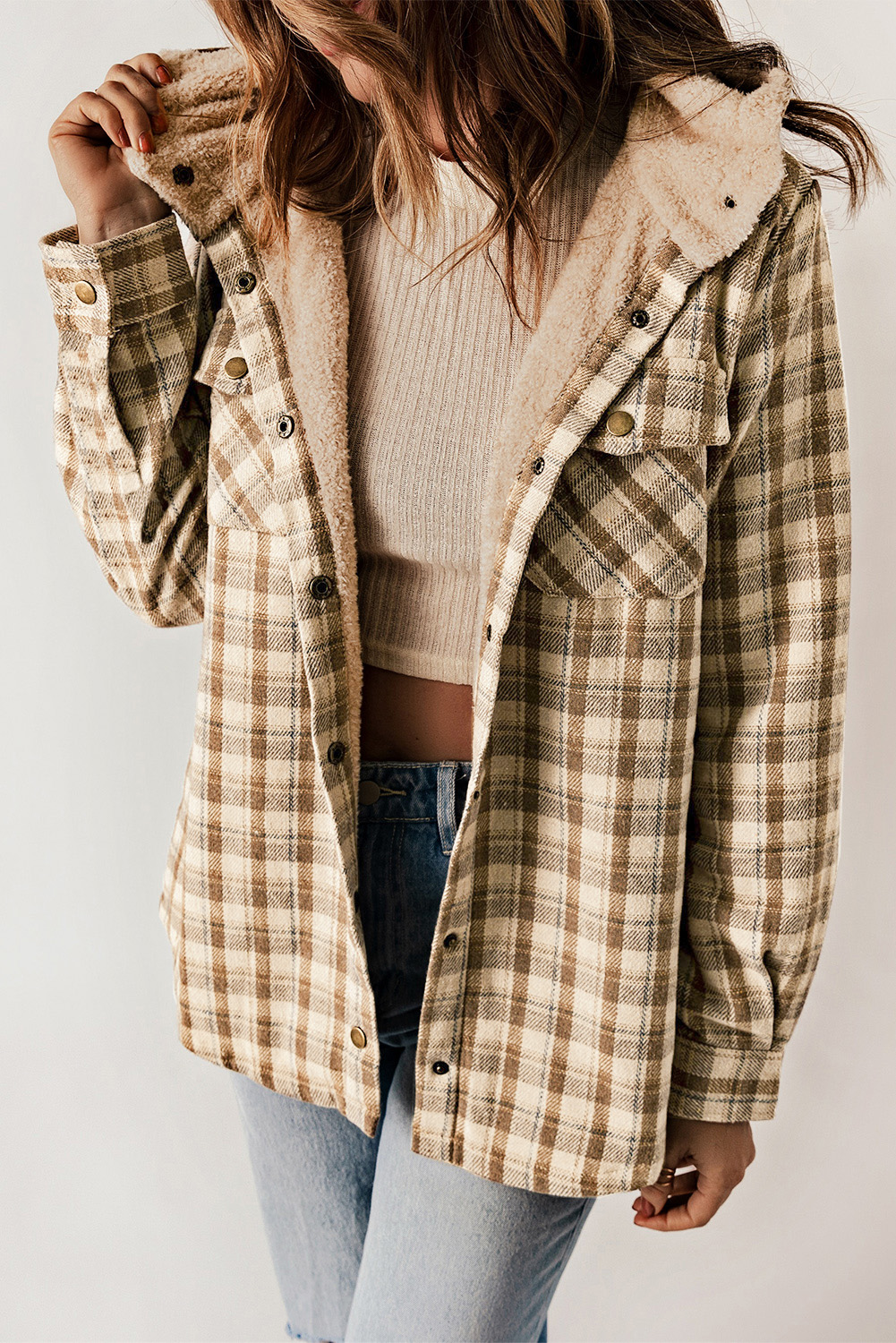 Women's Khaki Plaid Shacket, Sherpa Lined Hooded Jacket - Detail View 4 Women's Khaki Plaid Shacket, Sherpa Lined Hooded Jacket - Detail View 4
