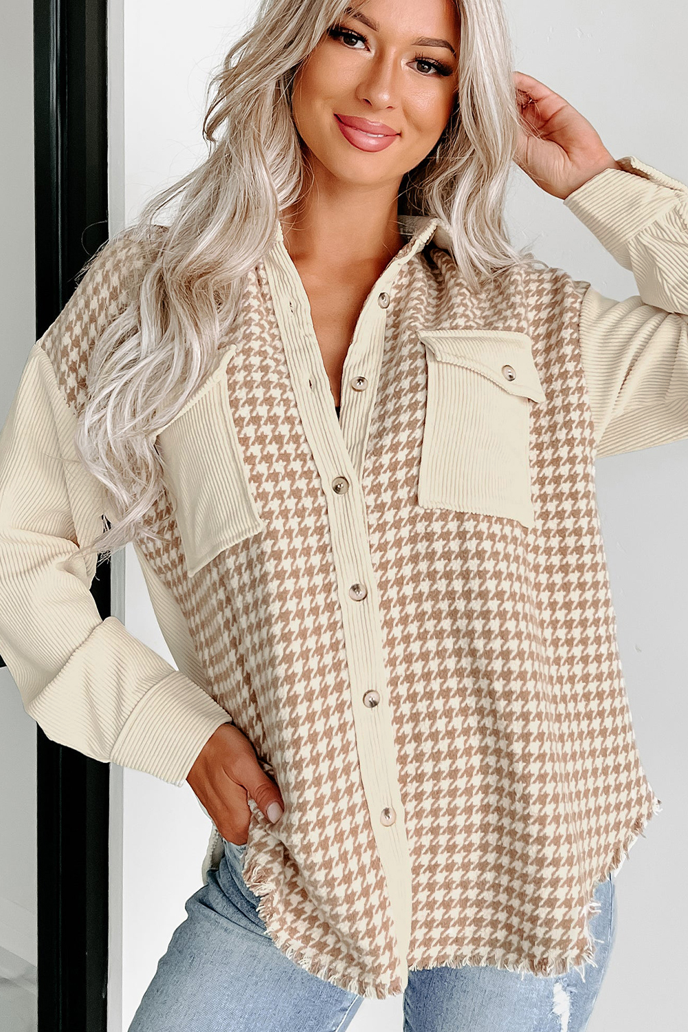 Versatile and Trendy Women's Casual Shacket - Classic Houndstooth Pattern - Detail View 8 Versatile and Trendy Women's Casual Shacket - Classic Houndstooth Pattern - Detail View 8