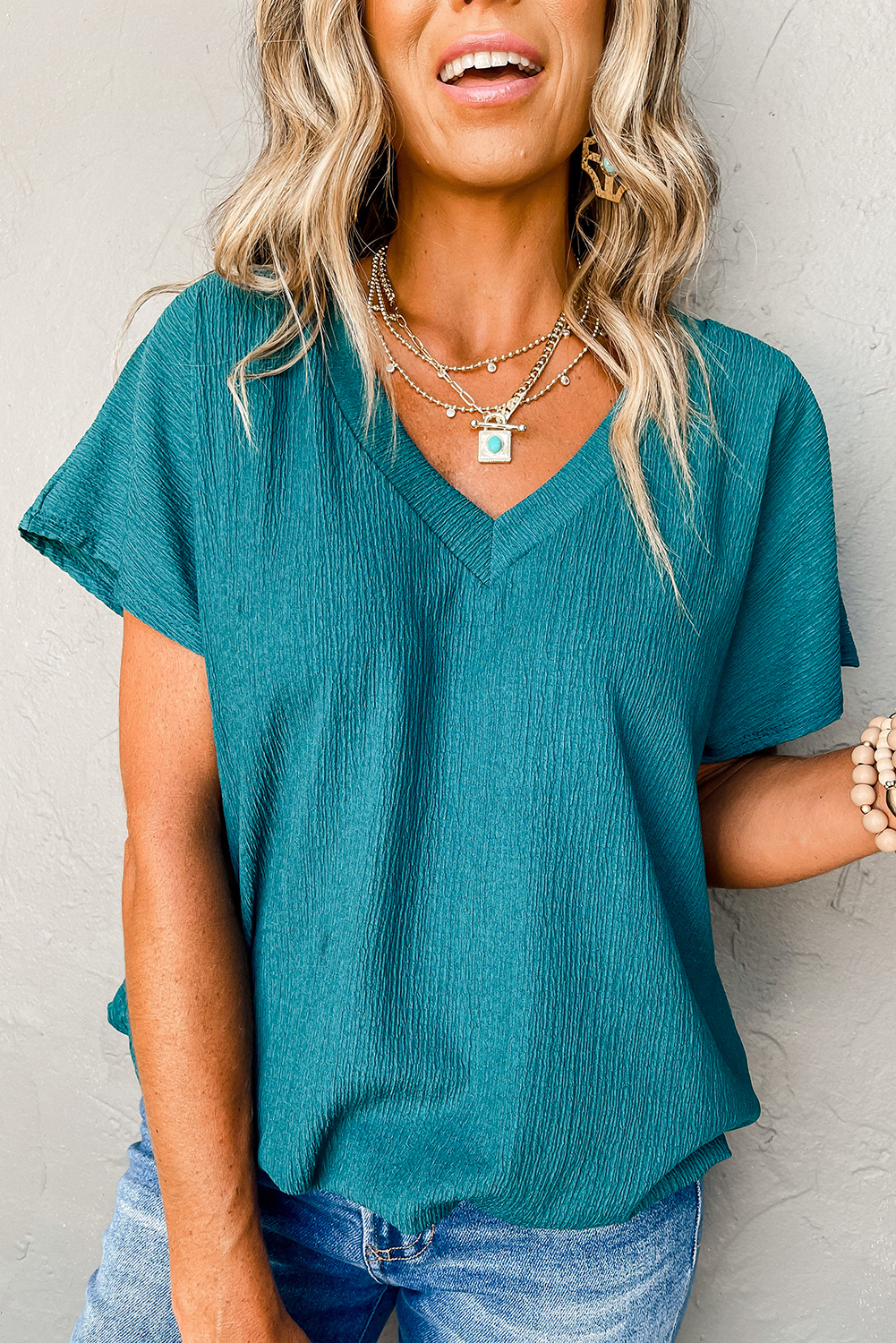 Blue Sapphire V Neck Blouse, Relaxed Fit Women's Daily Top - Detail View 2 Blue Sapphire V Neck Blouse, Relaxed Fit Women's Daily Top - Detail View 2