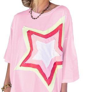 Women's Star Patch Tee, Casual Oversized Round Neck Top - Main View