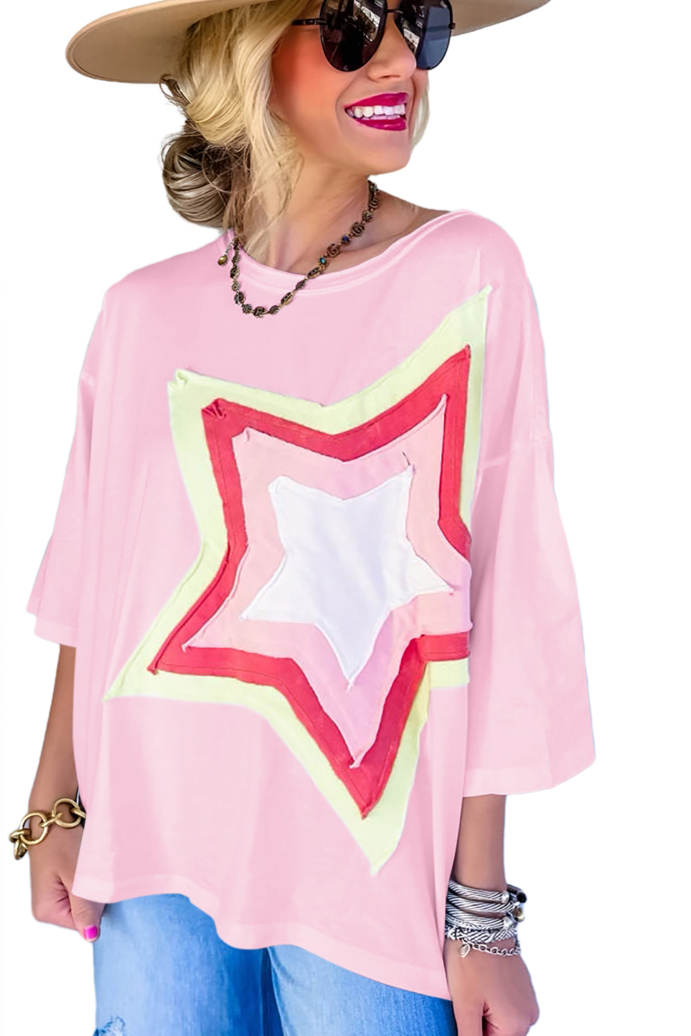 Women's Star Patch Tee, Casual Oversized Round Neck Top - Main View Women's Star Patch Tee, Casual Oversized Round Neck Top - Main View