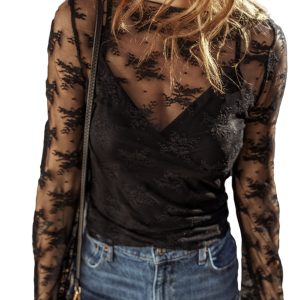 Women's Black Lace Mesh Crochet Splicing Slim Fit Long Sleeve Blouse - Main View