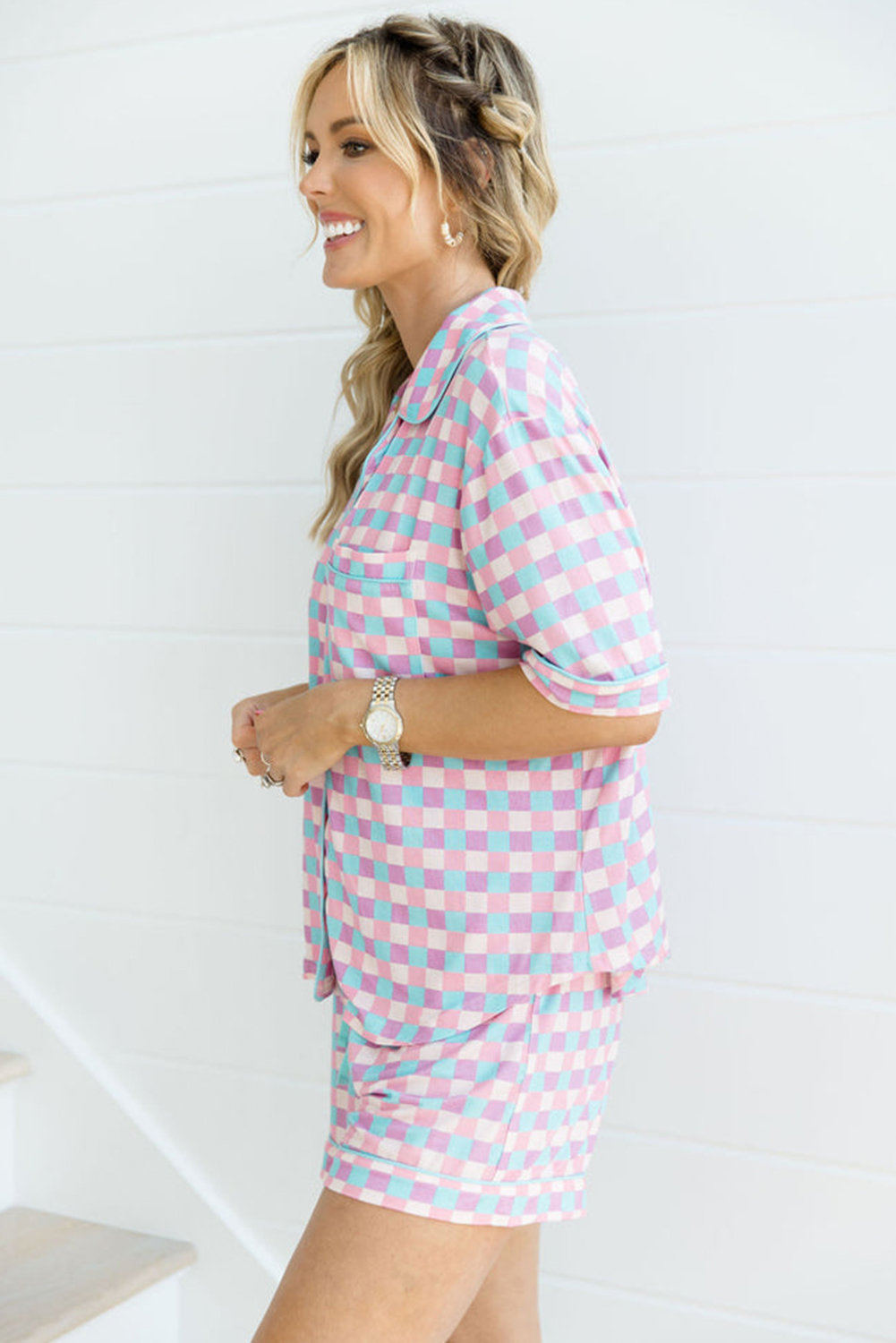 Soft and Breathable Short Sleeve Pajama Set for Ladies - Purple Plaid - Detail View 3 Soft and Breathable Short Sleeve Pajama Set for Ladies - Purple Plaid - Detail View 3