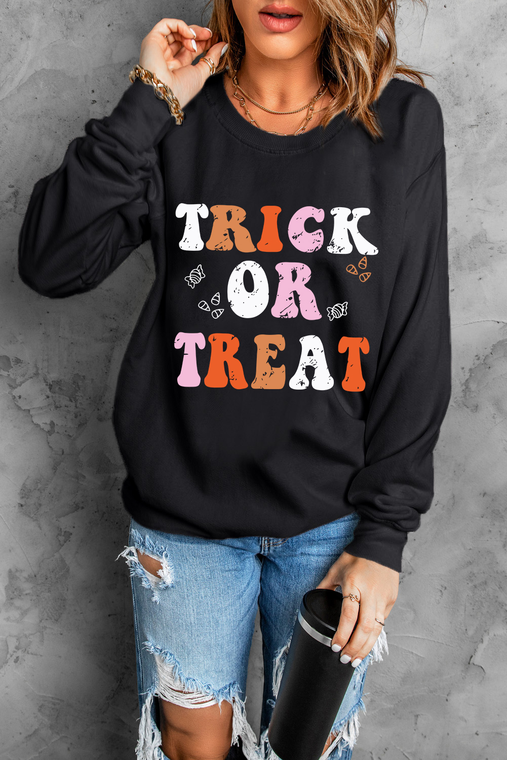 Cozy and Festive Long Sleeve Sweatshirt - Black with Halloween Graphic - Detail View 7 Cozy and Festive Long Sleeve Sweatshirt - Black with Halloween Graphic - Detail View 7