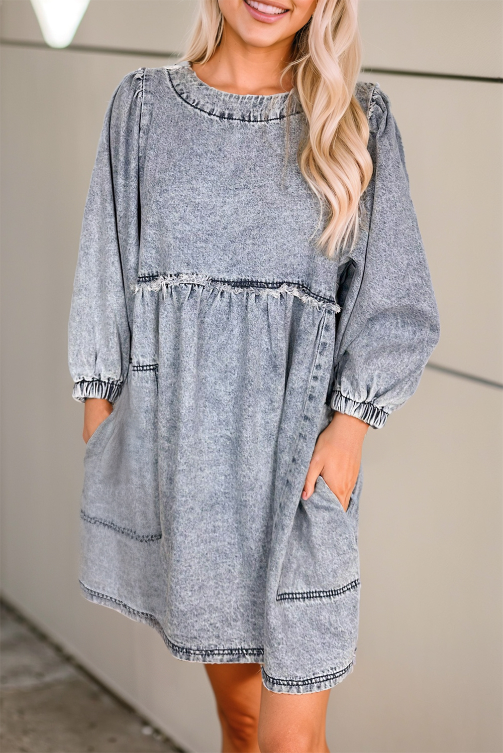 Casual Chic Light Wash Denim Mini Dress with Chic Puff Sleeves - Detail View 7 Casual Chic Light Wash Denim Mini Dress with Chic Puff Sleeves - Detail View 7