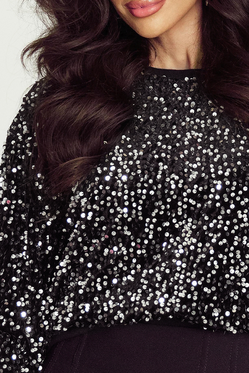 Elegant Sequined Blouse with Long Sleeves - Black Cropped Crew Neck - Detail View 7 Elegant Sequined Blouse with Long Sleeves - Black Cropped Crew Neck - Detail View 7