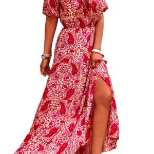 Women's Red Paisley Print Puff Sleeve High Waist Maxi Dress with Side Slit - Main View