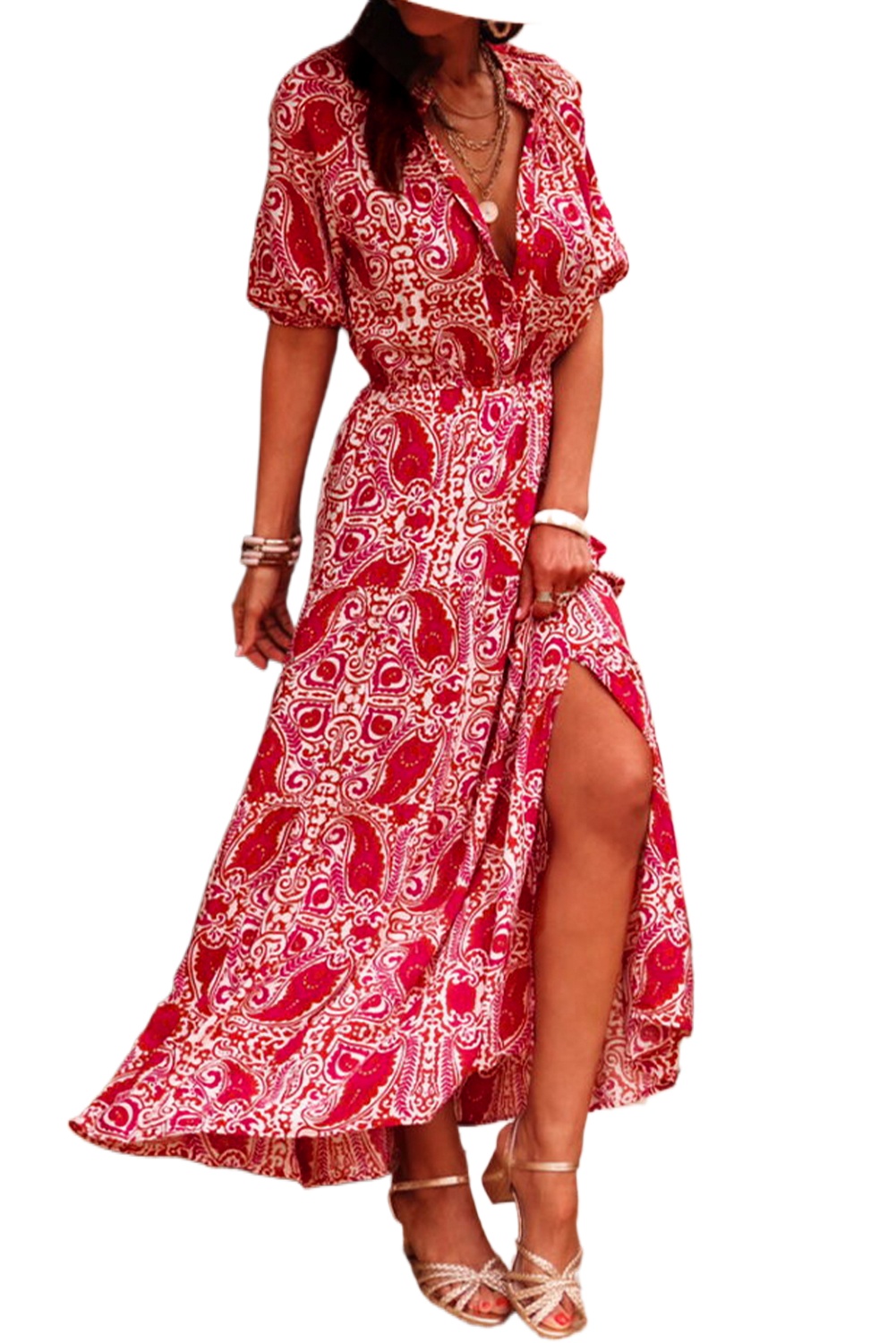 Women's Red Paisley Print Puff Sleeve High Waist Maxi Dress with Side Slit - Main View Women's Red Paisley Print Puff Sleeve High Waist Maxi Dress with Side Slit - Main View