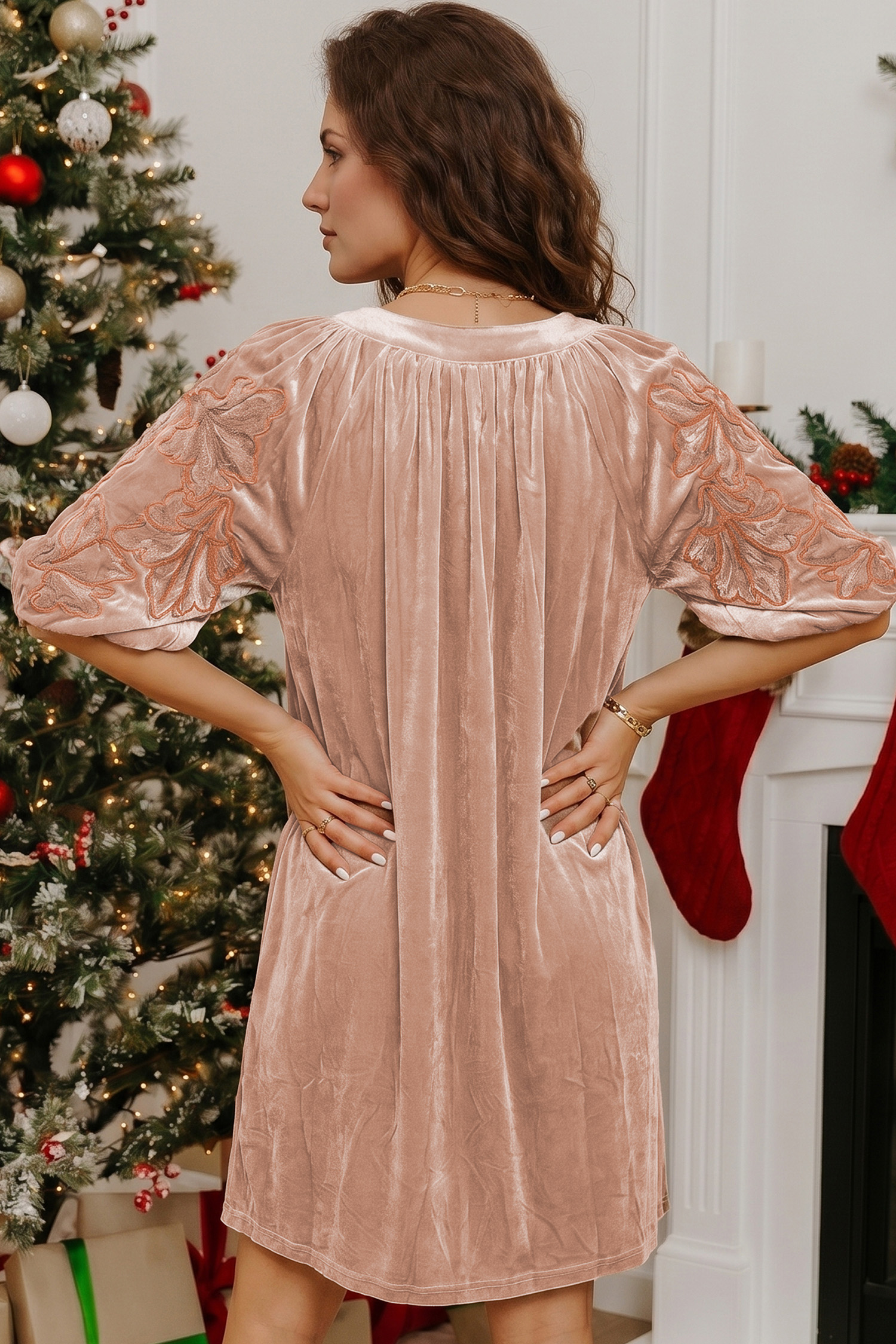 French Beige Velvet Mini Dress, Embroidered Short Sleeve Shift - Detail View 2 French Beige Velvet Mini Dress, Embroidered Short Sleeve Shift - Detail View 2