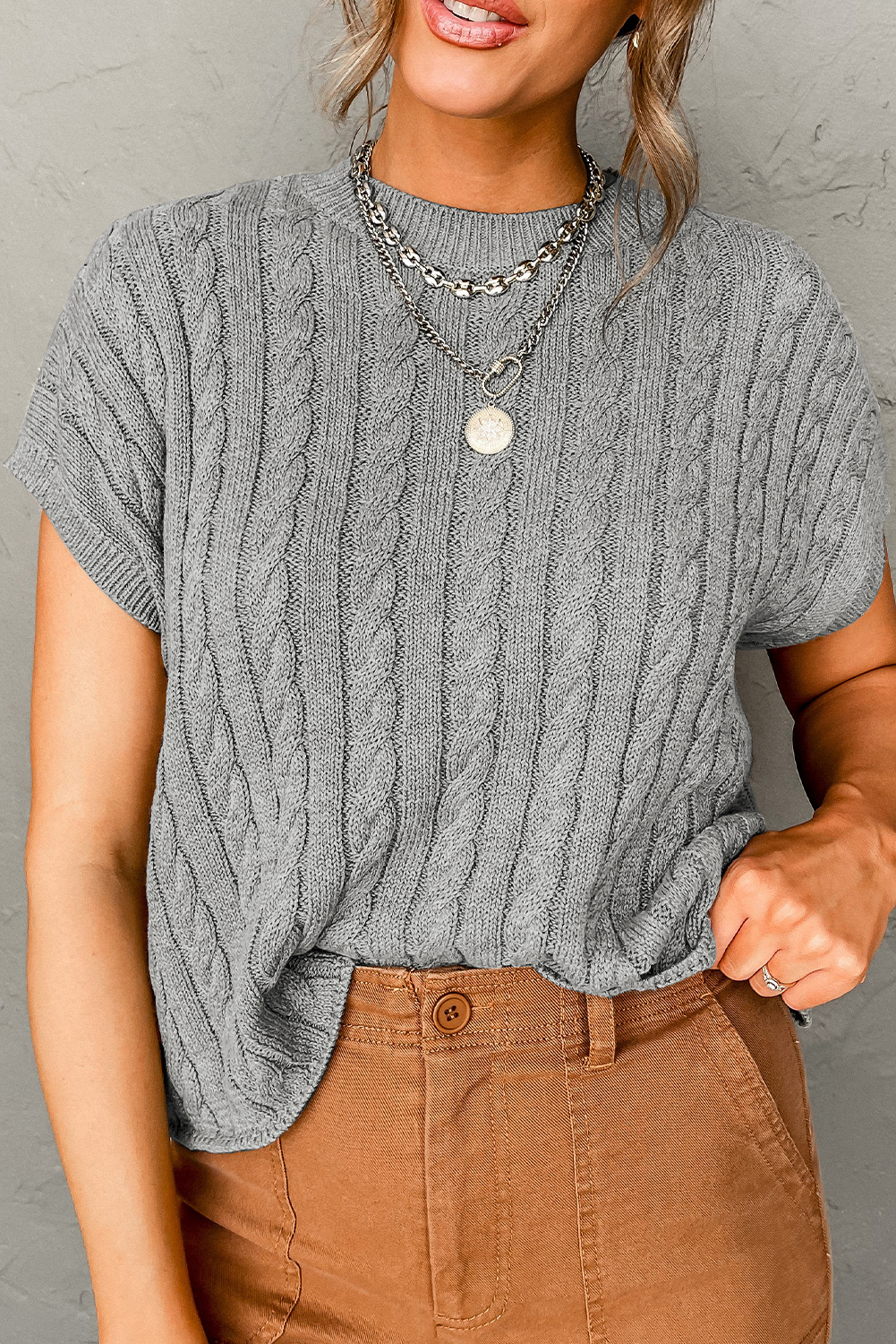 Women's Textured Cable Knit Sweater, Soft Grey Crew Neck Tee - Detail View 2 Women's Textured Cable Knit Sweater, Soft Grey Crew Neck Tee - Detail View 2