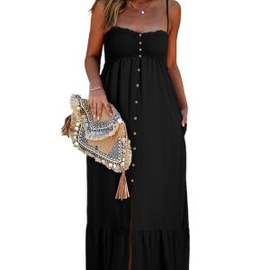 Women's Black Maxi Dress, Smocked Bodice Casual Summer Long - Main View