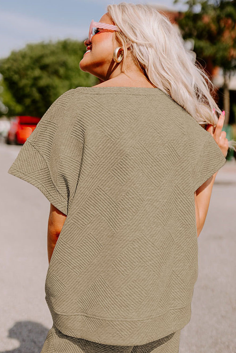 Summer Casual Two Piece Set, Textured Round Neck Lounge Wear - Detail View 3 Summer Casual Two Piece Set, Textured Round Neck Lounge Wear - Detail View 3