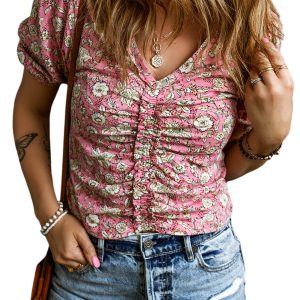 Women's Pink Floral Blouse, V Neck Short Puff Sleeve Top - Main View