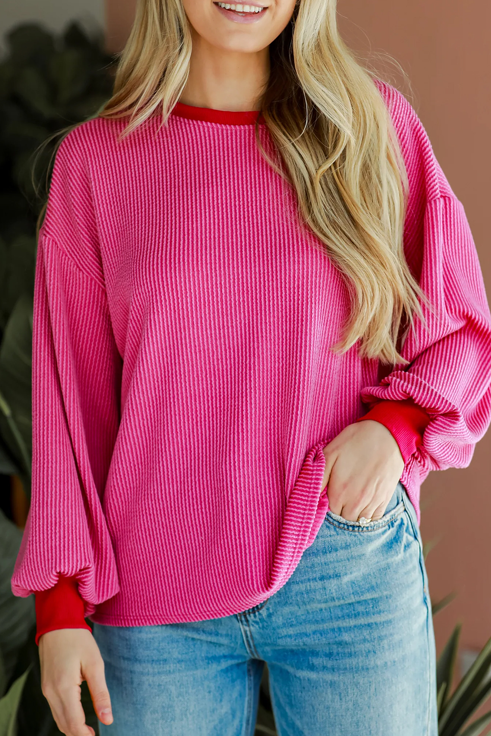 Trendy Corded Top with Contrasting Edge - Long Sleeve Drop Shoulder - Detail View 2 Trendy Corded Top with Contrasting Edge - Long Sleeve Drop Shoulder - Detail View 2