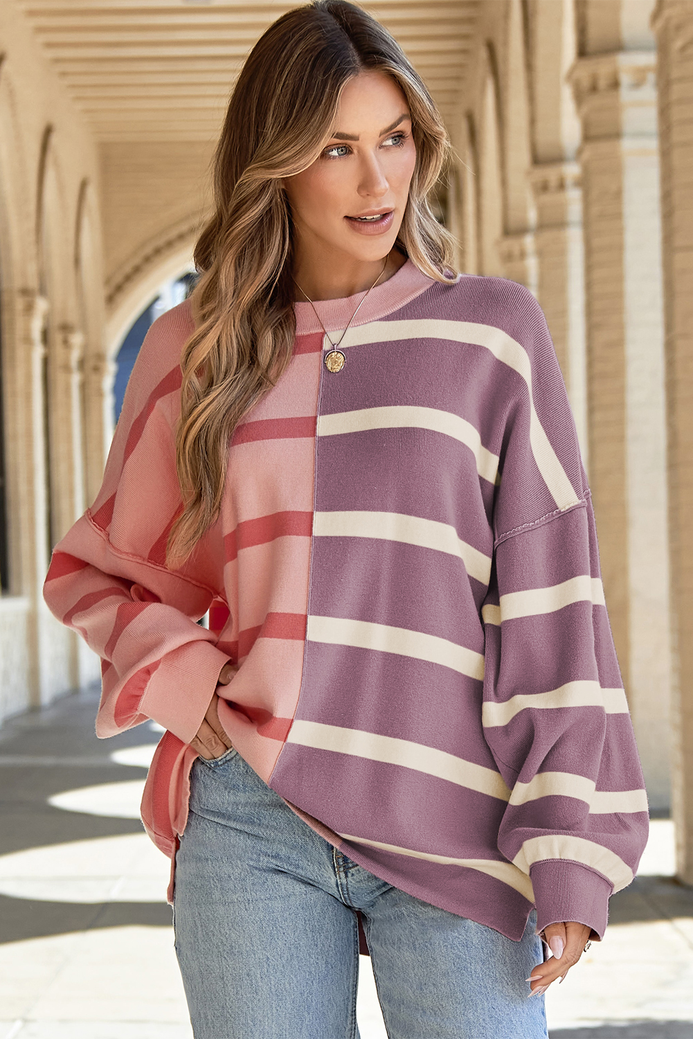 Feminine Oversized Sweater with Colorblock Stripe Design - Pink - Detail View 7 Feminine Oversized Sweater with Colorblock Stripe Design - Pink - Detail View 7