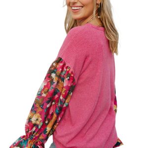 Women's Sachet Pink Flower Patchwork Ruffled Sleeve Knit Top - Main View