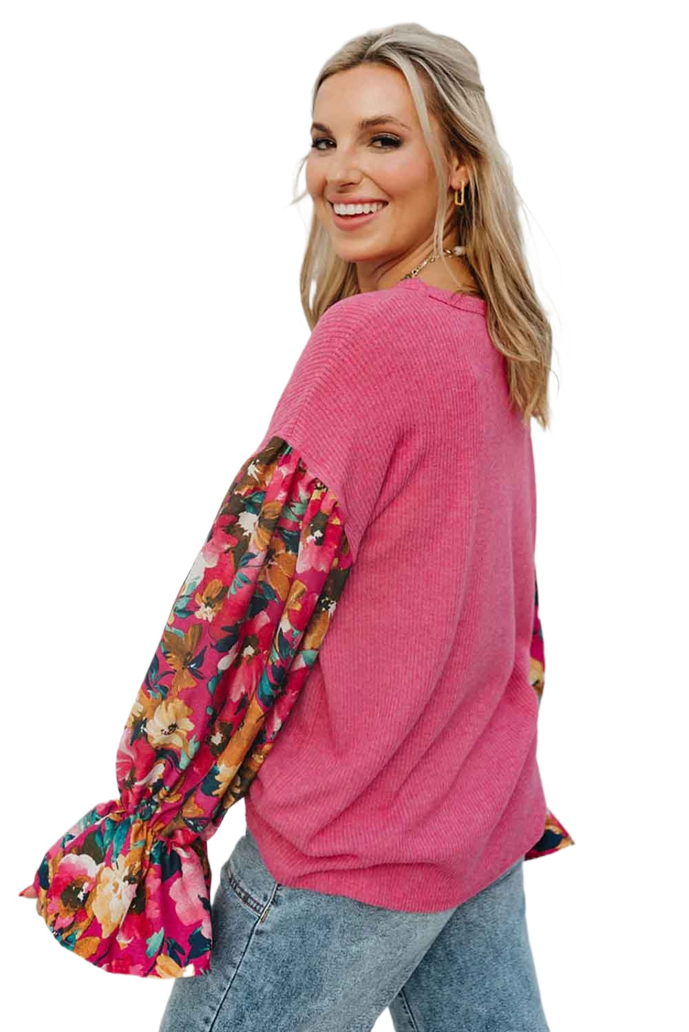 Women's Sachet Pink Flower Patchwork Ruffled Sleeve Knit Top - Main View Women's Sachet Pink Flower Patchwork Ruffled Sleeve Knit Top - Main View