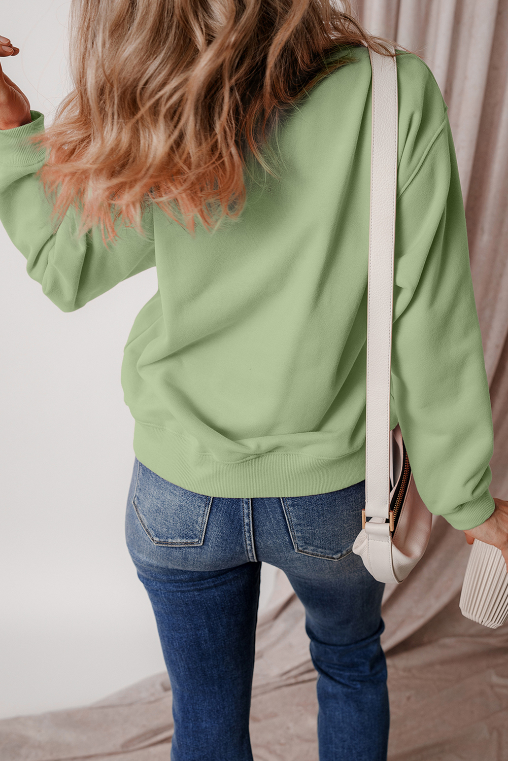 Cozy Winter Sweatshirt: Smoke Green Solid Color with Fleece Lining and Drop Shoulder - Detail View 2 Cozy Winter Sweatshirt: Smoke Green Solid Color with Fleece Lining and Drop Shoulder - Detail View 2