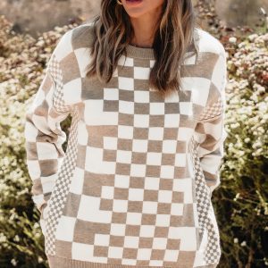 Women's Khaki Checkered Sweater, Casual Long Sleeve Knit Top - Main View