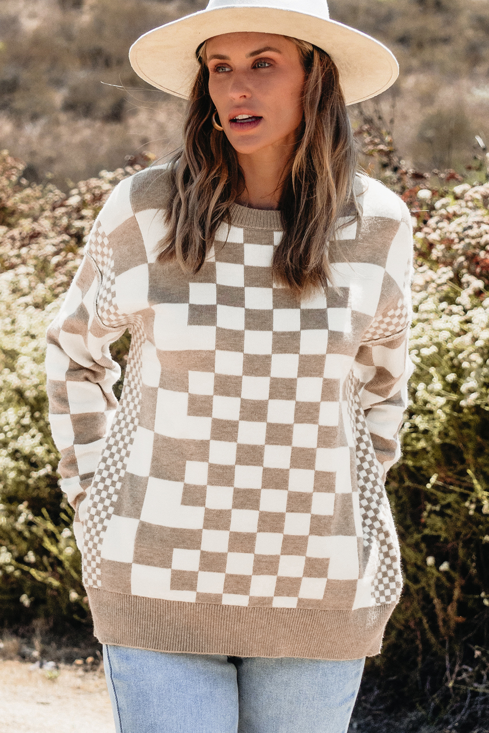 Women's Khaki Checkered Sweater, Casual Long Sleeve Knit Top - Main View Women's Khaki Checkered Sweater, Casual Long Sleeve Knit Top - Main View