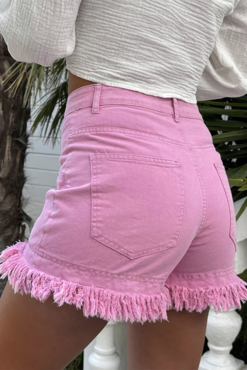 Pink Raw Hem Denim Shorts, Casual Mid Rise Summer Bottoms - Detail View 2 Pink Raw Hem Denim Shorts, Casual Mid Rise Summer Bottoms - Detail View 2